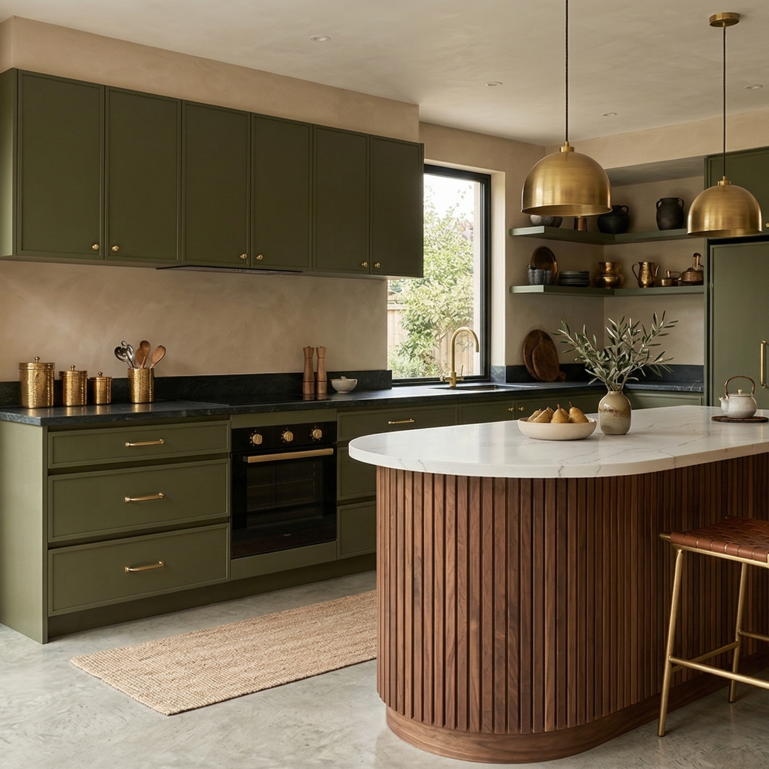 מטבח בגווני אדמה עם חזיתות ירוק זית מאט, אי עץ אגוז ומשטח קוורץ לבן - מגמות צבע במטבח 2026