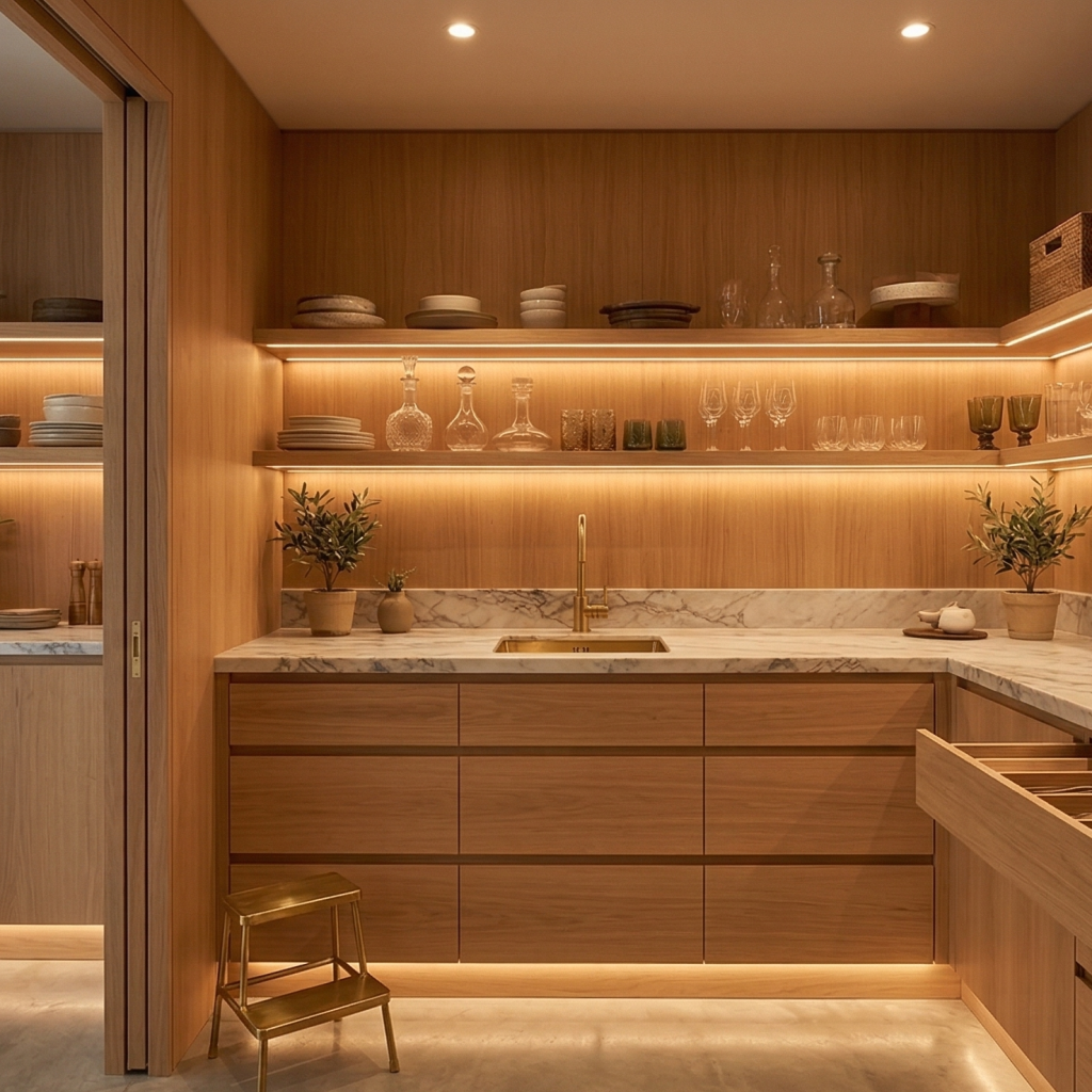 מטבח נסתר עם חזיתות אלון אחידות המסתירות מכשירי חשמל, בסלון פתוח - טרנד המטבח הנסתר 2026